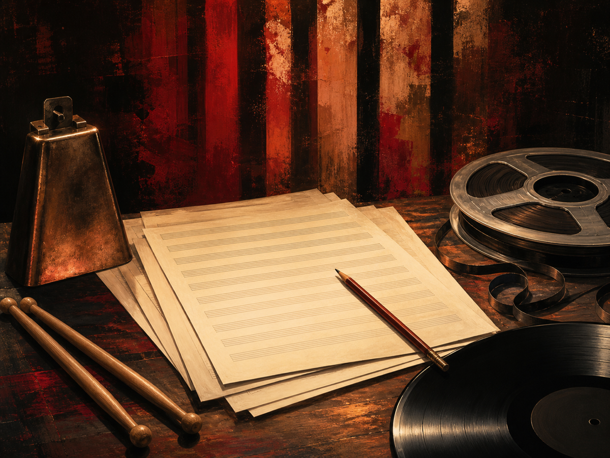 Ilustración editorial de hojas de composición, lápiz, campana, baquetas, cinta de estudio y vinilos