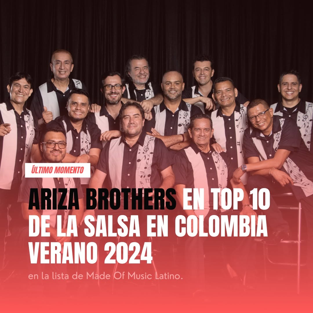 Foto grupal de los trece integrantes de Ariza Brothers, publicada por la agrupación al entrar al Top 10 de la salsa en Colombia de Made Of Music Latino