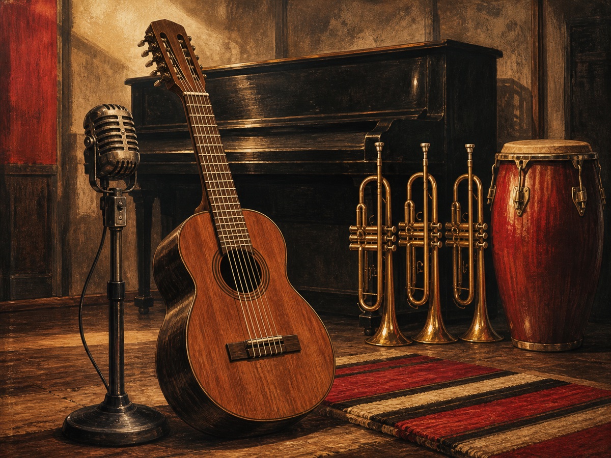Ilustración editorial de un tres cubano, un piano, metales y percusión en un estudio vacío bajo luz cálida