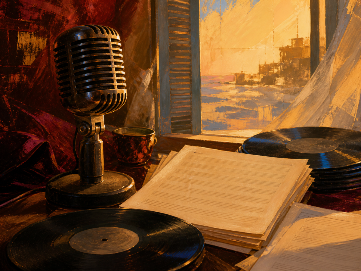 Ilustración editorial de un micrófono, discos y hojas de composición frente a una luz costera de Cartagena