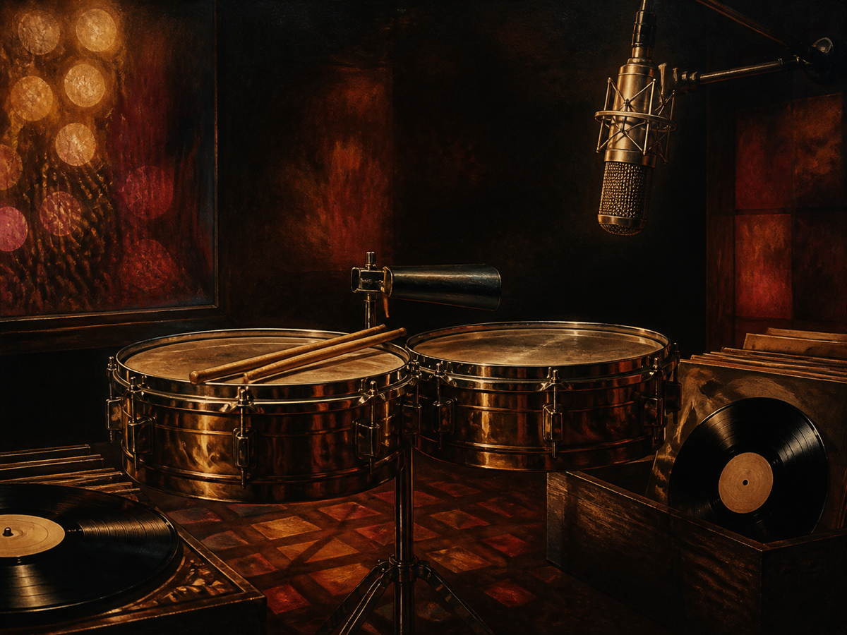 Ilustración editorial de timbales, micrófono y discos en un estudio inspirado en el soul latino neoyorquino