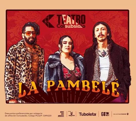 Afiche de La Pambelé en el Teatro Colsubsidio, con los tres integrantes de la agrupación en escena