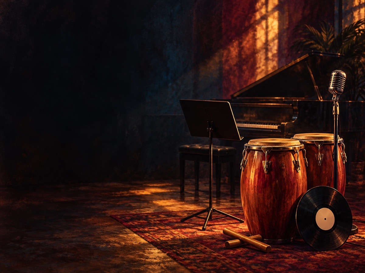 Ilustración editorial de un estudio vacío con piano, tumbadoras, claves, vinilo y micrófono bajo luz ámbar