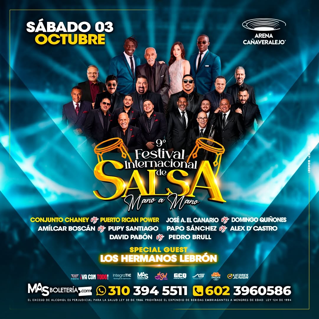 Afiche oficial del 9.º Festival Internacional de Salsa Mano a Mano, programado para el 3 de octubre de 2026 en la Arena Cañaveralejo de Cali