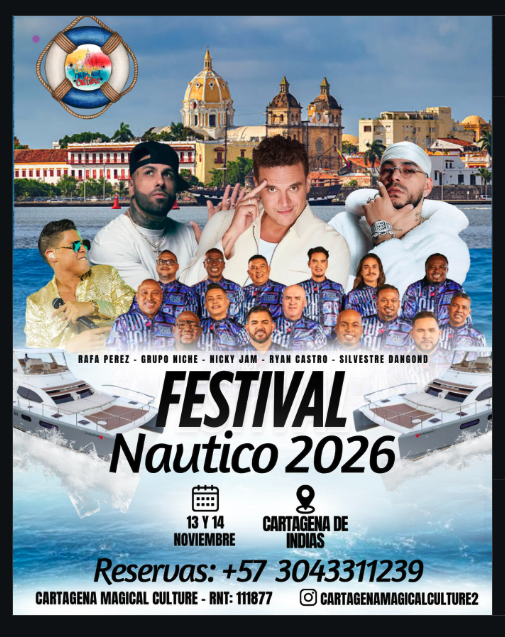 Afiche del Festival Náutico 2026 en Cartagena de Indias, 13 y 14 de noviembre, con Grupo Niche, Nicky Jam, Ryan Castro, Silvestre Dangond y Rafa Pérez