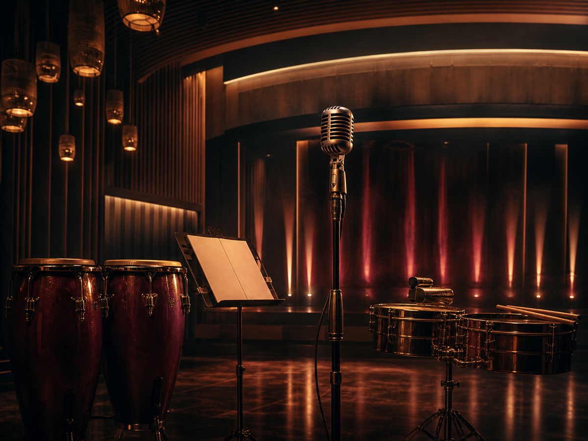 Ilustración editorial de un escenario vacío con piano, metales y luces cálidas inspirada en una gran orquesta de salsa